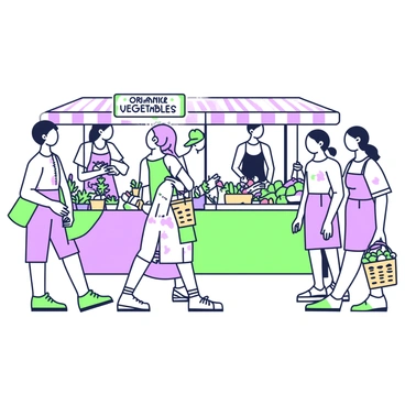 A woman is browsing through a bustling farmer's market. She has long hair tied back and is wearing a light sundress with floral patterns. In her right hand, she holds a straw basket filled with fresh produce. Around her, there are various stalls displaying colorful fruits and vegetables. People are walking by, some chatting with vendors. A sign above one stall reads "Organic Vegetables" while another features an assortment of bright flowers. The atmosphere is lively with people engaging in conversations and sampling goods.