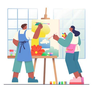 Two illustrators are collaborating on a large canvas that showcases a variety of vivid images. One illustrator, a man with short curly brown hair, is wearing a blue apron, and he is painting with a wide brush, applying bright yellow paint to a section of the canvas. The other illustrator, a woman with long, straight black hair tied in a ponytail, is standing next to him, holding a palette filled with multiple colors. She is carefully adding details with a thin brush in her right hand to a vibrant red flower at the bottom of the canvas. Surrounding them are art supplies, including tubes of paint and brushes, scattered across a wooden table. The studio has large windows, allowing natural light to illuminate their creative workspace.