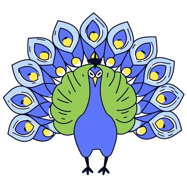 A peacock displaying its feathers in a full fan. The feathers are vividly colored, showcasing shades of blue, green, and gold. The intricate patterns formed by the feather arrangement resemble elegant art deco designs. The peacock is positioned on a simple white background to highlight the details of its plumage.