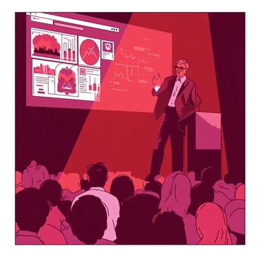 A red spotlight illuminates "Bill Gates," who stands confidently at a podium on a stage. He is dressed in a dark suit, and his glasses reflect the lights from the audience. Behind him, there is a large screen displaying various colorful graphs and innovative technology concepts. The audience's faces are partially visible, showcasing a mix of curiosity and engagement. The atmosphere is filled with anticipation as "Bill Gates" gestures passionately while speaking about advancements in technology.
