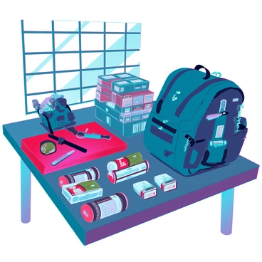 A collection of survival gear is neatly spread out on a sturdy wooden table. There are various tools, such as a multi-tool knife, a compact camping shovel, and a fire starter, all positioned strategically for easy access. Cans of dried food and energy bars are stacked next to a rugged, waterproof backpack. Nearby, makeshift clothing items include a thick, insulated jacket and a pair of durable boots, each showing signs of use. Sunlight filters through a nearby window, casting soft shadows across the table and highlighting the features of the equipment.