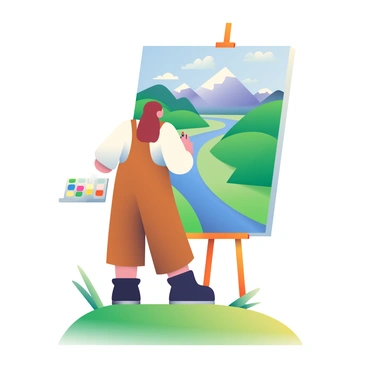 An artist with long brown hair is standing on a grassy hillside, painting a landscape on a large canvas. The artist is wearing a white shirt and brown overalls. The canvas depicts a vibrant scene featuring rolling green hills, majestic mountains in the background, and a winding river flowing through the valley. The river reflects the blue sky above, dotted with soft white clouds. Nearby, a palette with various colors and a set of paintbrushes rest on the ground beside the artist. Sunlight bathes the scene in warm light, highlighting the natural beauty around.