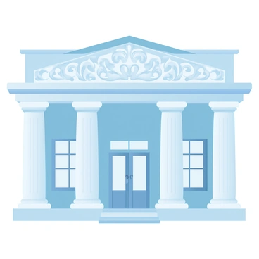 A grand historic bank building is depicted with tall columns supporting the structure. The columns are intricately carved, showcasing ornate details that reflect classical architecture. The facade of the building features elaborate stonework, with decorative elements that highlight its grandeur. Large windows line the front, allowing light to illuminate the interior. A set of grand double doors stands at the entrance, inviting visitors to enter the impressive space.