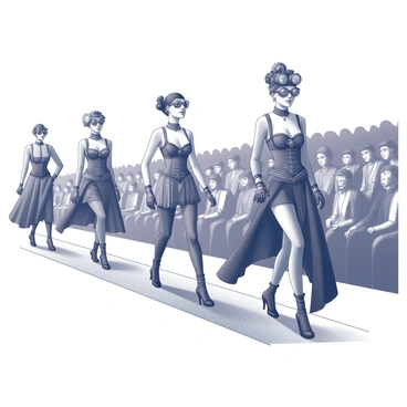 A runway setting filled with models walking in elaborate steampunk outfits. Each model is adorned with intricate accessories, including goggles, gears, and leather straps. The garments feature a combination of corsets and flowing skirts, with layers of fabric that suggest Victorian influences. The runway is lined with an audience, captivated by the unique designs. The atmosphere captures a sense of innovation and creativity in fashion, with bold details enhancing each outfit. Various poses and expressions of the models reflect confidence and elegance as they showcase the intricate craftsmanship of their attire.