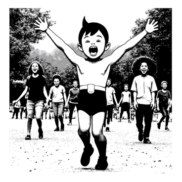 A character resembling "Astro Boy" is in a lively park setting, surrounded by a group of diverse children. The children have varying skin tones and hairstyles, showcasing a blend of cultures. Some children are jumping, while others are laughing and smiling, creating a sense of joy and excitement. The park is filled with green grass and several trees in the background. Astro Boy has a wide grin on his face, with his arms raised in a playful manner. The scene embodies the spirit of friendship and fun among the children.