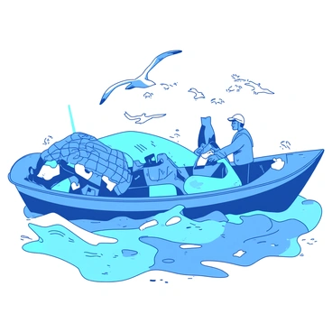 A blue boat is navigating through the ocean, pulling a large net that is overflowing with plastic waste. The net is full of various types of debris, including bottles, bags, and other plastic items, all entangled within its mesh. The boat has two crew members on board, one steering while the other is managing the net, wearing life jackets. Waves are gently splashing against the sides of the boat, and seagulls can be seen flying overhead, some circling around the net.