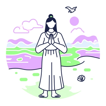 A person is standing on a sandy beach, performing a "namaste" gesture with both hands pressed together at their chest. The individual has long hair tied back and is wearing a flowing white outfit. In the background, gentle waves are crashing onto the shore, creating a rhythmic motion. The sun is setting on the horizon, casting a soft glow over the water. Seagulls are flying above, and a few seashells are scattered on the sand around the person. The overall atmosphere reflects tranquility and connection with nature.