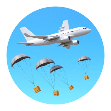 Parachutes deploying supplies from an Antonov plane high above