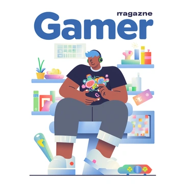 A trendy gamer with short blue hair is sitting on a sleek, modern chair, holding a game controller in their hands. The gamer is wearing a black graphic t-shirt with colorful gaming motifs and stylish joggers. Surrounding them are various gaming accessories, including a pair of over-ear headphones with neon accents, a high-tech gaming mouse, and a vibrant LED keyboard. In the background, there are shelves filled with collectible action figures and gaming consoles. The title of the magazine appears at the top in bold, stylish font, complementing the overall aesthetic of the cover.
