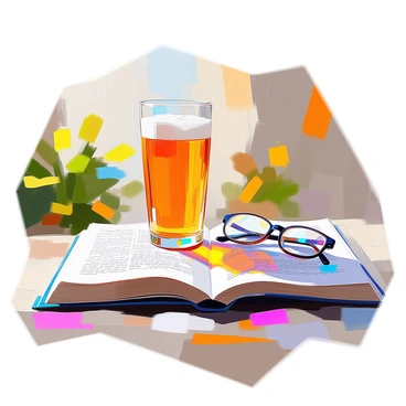 A pint glass filled with golden beer is resting on an open book spread out on a sunny patio. The book features colorful illustrations and text, with its pages gently fanned. Beside the pint glass, a pair of reading glasses with thin black frames is positioned on the textured surface of the patio. Sunlight filters through surrounding greenery, casting soft shadows and illuminating the scene, enhancing the relaxing atmosphere of a leisurely reading session.