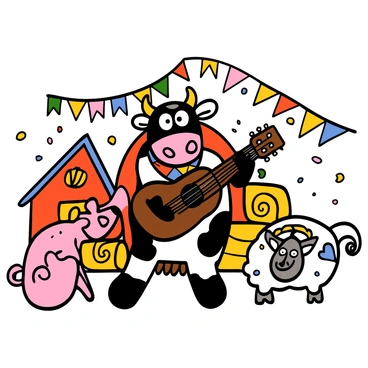 A 3D cartoon cow with big eyes and a cheerful expression is playing an acoustic guitar at a lively farm festival. The cow has a black and white coat with distinctive patches and is wearing a colorful bandana around its neck. Surrounding the cow are various barn animals, including a playful pig with big eyes and a curly tail, a curious chicken with bright feathers, and a friendly sheep with fluffy wool. The background features a vibrant farm setting with a red barn, hay bales, and colorful banners fluttering in the breeze, creating a festive atmosphere.