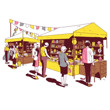 A yellow antique market is bustling with activity, filled with numerous stalls showcasing a variety of vintage treasures and collectibles. Each stall is adorned with colorful displays, featuring items such as ornate jewelry, old books, and antique furniture. Shoppers of different ages are browsing through the stalls, examining unique finds. The atmosphere is lively with sellers enthusiastically discussing their wares, while colorful banners hang overhead, adding to the vibrant scene.