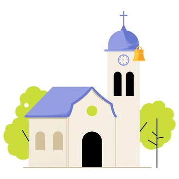 A charming white church with a distinctive bell tower stands prominently against a clear blue sky. The church features a rounded dome topped with a small cross, and its walls are adorned with intricate details. The bell tower rises neatly to one side, showcasing a clock face and a pair of bells peeking out at the top. Lush green trees surround the church, adding vibrant color to the setting. The bright sunlight casts soft shadows, highlighting the clean architectural lines of the building.