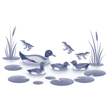 A family of ducks is swimming in a bog. The adult duck is leading the way, followed closely by three ducklings, their small bodies creating gentle ripples in the water. Surrounding them are various lily pads, some of which are partially submerged. Frogs are leaping from one lily pad to another, their limbs stretched out as they jump, creating small splashes in the water. In the background, tall grasses are seen swaying gently, framing the scene. The overall composition captures the lively interactions of the ducks and frogs in their natural habitat.