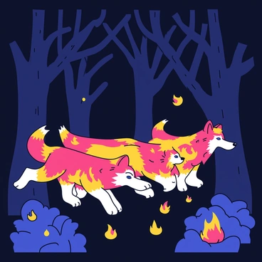 A pack of wolves with bright orange and red fur, resembling flames, are moving through a dark forest. The wolves have piercing blue eyes that stand out against their fiery coats. Tall, shadowy trees surround them, with twisted branches creating an intricate pattern above. The forest floor is covered in dark green moss and fallen leaves, adding contrast to the vivid colors of the wolves. Soft, glowing embers seem to float in the air around them, enhancing the mystical atmosphere.