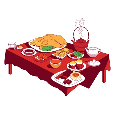 A red tablecloth is spread across a long wooden table, adorned with an array of traditional Russian dishes and delicacies. In the center, there is a large, golden-brown roasted duck, its skin glistening. Surrounding the duck are small bowls filled with pickled vegetables, including cucumbers and beets, their colors vibrant against the table. A stack of blini, thin pancakes, is neatly arranged on a white plate, accompanied by a small jar of bright orange caviar. A traditional samovar sits at one end of the table, steaming softly, with a white teapot beside it filled with dark tea. Traditional Russian pastries, dusted with powdered sugar, are placed alongside a plate of rich, dark chocolate sweets. The atmosphere is warm and inviting, showcasing a celebration of Russian cuisine.