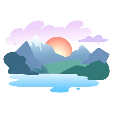 A vast landscape shows the sun rising over towering mountains. The mountains have rugged peaks and slopes covered in greenery. The sky is filled with gradient pastel colors transitioning from deep purple to soft pink and orange. The warm glow of the sun illuminates the mountain tops, creating a stunning contrast with the cool shadows in the valleys below. Wisps of clouds float gently in the sky, reflecting the colors of the sunrise. In the foreground, a tranquil lake mirrors the vibrant sky and the rugged silhouette of the mountains.