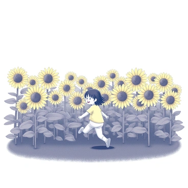 A vast field filled with numerous sunflowers, each standing tall with distinct petals and seeds in the center. A child, wearing a light outfit, is joyfully running through the sea of flowers. The child's hair is caught in the breeze, adding to the lively movement. In the background, the sky is expansive and clear, providing a sense of openness above the golden blooms. The scene captures the vibrant interaction between the child and the sunflowers, with the flowers swaying gently around them.