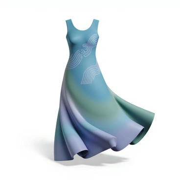 A 3D dress, designed with intricate patterns that mimic "soundwaves," is displayed prominently. The patterns twist and flow dynamically across the fabric of the dress. The dress is in vibrant colors, showcasing a gradient effect that blends blues, purples, and greens. It appears to be swaying gently, as if responding to an unseen rhythm. The fabric has a glossy finish that reflects light, enhancing the visual impact of the soundwave patterns. Shadows play across the surface of the dress, adding depth and dimension to the design.