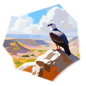 A California condor with a large wingspan is perched on a rocky outcrop, surveying the vast landscape below. The bird has distinctive black feathers with a white collar around its neck, and its keen eyes are scanning the horizon. Below, a patchwork of diverse terrains unfolds, including rolling hills covered in green grass, rocky cliffs, and sparse desert areas. The sky is clear with a few fluffy clouds, and the sunlight casts shadows across the varied landscapes. The condor's wings are slightly spread as it prepares to take flight, embodying a sense of freedom and grandeur.