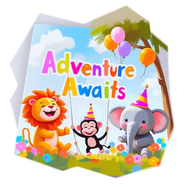 The cover of a children’s magazine featuring a vibrant and playful illustration with the title "Adventure Awaits" prominently displayed in a bold, colorful font that captures attention. Surrounding the title are whimsical images of various cartoon animals, including a cheerful lion wearing a party hat, a playful monkey swinging from a tree branch, and a friendly elephant holding a bunch of balloons. In the background, there are bright flowers and a sunny sky with fluffy clouds, creating an inviting and engaging atmosphere for young readers.