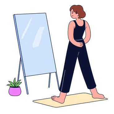 A person performing pelvic tilts to improve posture. The individual has short brown hair and is dressed in a fitted black workout outfit. They are standing on a light-colored yoga mat in front of a large mirror. The mirror reflects the person's posture as they tilt their pelvis forward and backward. A small potted plant is placed on the floor beside them. The room is well-lit, emphasizing the person's movements and the reflection in the mirror.