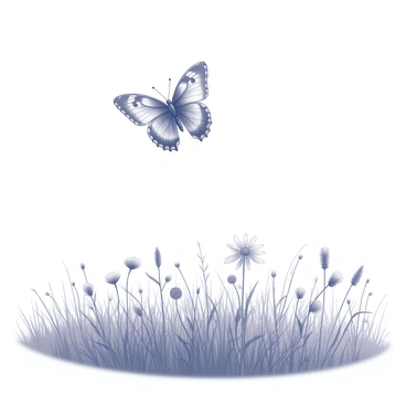 A butterfly with intricate patterns on its wings is fluttering in the air. The wings appear to tremble slightly as the butterfly hovers above a wide-open field filled with tall grass and wildflowers. The sunlight is illuminating the scene, creating soft shadows in the grass below. The butterfly's delicate movements suggest a sense of nervousness as it moves back and forth among the flowers, exploring its surroundings.
