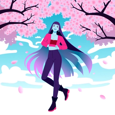 A vibrant anime character with long flowing hair, wearing a stylish outfit, is walking gracefully under a canopy of pink cherry blossoms in full bloom. The character has large expressive eyes and a cheerful smile. Cherry blossom petals are gently falling around them, creating a dynamic scene. The sunlight filters through the branches, casting soft shadows on the ground. The background features a clear blue sky filled with wispy clouds, enhancing the serene atmosphere of the moment.