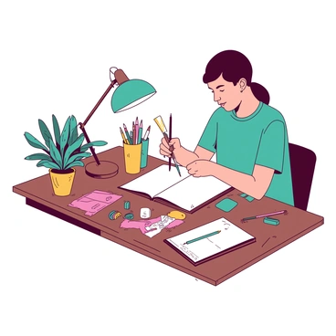 An illustrator is seated at a wooden desk cluttered with a wide array of stationery. The desk features a collection of colorful pens and brushes arranged in neat containers. The illustrator is focused, examining a selection of vibrant pens in one hand while the other hand rests on a sketchbook, which is open to a blank page. A small teal lamp casts light on the workspace, illuminating the various drawing tools scattered around, including erasers and rulers. A potted plant sits in the corner of the desk, adding a touch of greenery to the scene.
