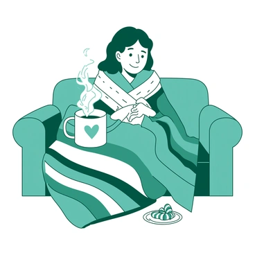 A person is sitting on a cozy couch, holding a large white mug filled with steaming hot cocoa. The mug has a small heart design on it. The person is wrapped in a thick, knitted blanket with a pattern of alternating stripes. The blanket is a mix of teal and white, adding to the warmth of the scene. Their hands are cradling the mug close to their chest, and a gentle smile is on their face. Nearby, a small plate holds two peppermint candies, adding a festive touch to the setting.