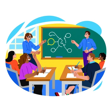 A classroom setting with a presenter standing in front of a large chalkboard. The presenter is gesturing while explaining a complex concept, and is wearing a blue shirt and black glasses. In the foreground, several stakeholders are seated at wooden desks, actively taking notes on white paper with colorful pens. The stakeholders are of diverse backgrounds, including a woman with long brown hair and a man with short curly hair. The chalkboard is filled with colorful diagrams and bullet points related to the topic being discussed. Natural light streams through windows, illuminating the scene.