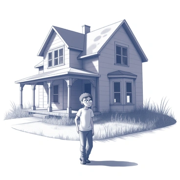 A figure stands in front of an old, abandoned house. The house has weathered wooden beams, broken windows, and an overgrown yard filled with tall grass and weeds. The structure appears dilapidated, with peeling paint and a sagging roof. The figure has a tense posture, with wide eyes reflecting curiosity and apprehension. They wear casual clothing and are slightly hunched forward as they gaze at the house, contemplating what secrets it might hold. Shadows from the house cast dark shapes on the ground, enhancing the atmosphere of unease.