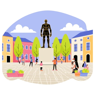 A historic city square featuring cobblestone pathways surrounded by charming old buildings. In the center of the square stands a grand statue of a towering Goliath figure, depicted with intricate details and a powerful stance. The statue is made of bronze and glimmers in the sunlight. People are gathered around the statue, some taking photos, while others sit on benches nearby enjoying the view. Colorful flower beds are planted around the square, adding vibrancy to the scene. Bright blue skies with fluffy white clouds create a beautiful backdrop for the square.