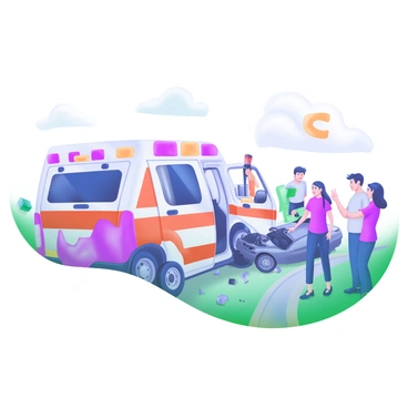 An emergency vehicle arriving at the scene of a car accident, with flashing lights and a concerned crowd.