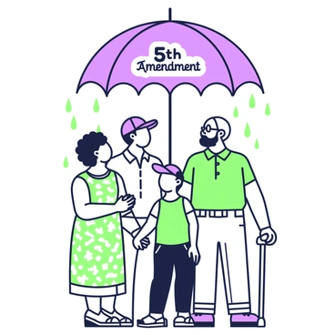 An umbrella labeled "5th Amendment" is open above a diverse group of individuals standing together. The individuals include a woman with curly hair wearing a patterned dress, a man with glasses in a button-up shirt, a child with a baseball cap, and an elderly person using a cane. They are all looking up towards the umbrella, shielded from a light rain, which creates a soft backdrop. The individuals are positioned closely, showcasing a sense of unity and support underneath the umbrella.