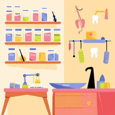 A tooth fairy workshop with wooden shelves filled with tiny tools and jars of colorful magical dust. The workshop is illuminated by soft, warm light, creating a cozy atmosphere. A small workbench is cluttered with delicate instruments like miniature pliers and saws. Various jars labeled with whimsical names contain shimmering dust of different colors, reflecting light in a rainbow of hues. In the corner, a vintage scale is used to weigh the lost teeth, while a small pair of wings hangs on the wall, ready for use.