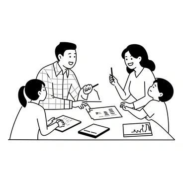 A family of four is sitting around a rectangular dining table. The father, wearing a checked shirt, is pointing at a chart on a notepad in front of him. The mother, in a simple blouse, is leaning forward with a smile, showing interest in the discussion. A young boy with short hair is holding a pencil, looking up at his parents with excitement. The girl, with pigtails, is drawing on a piece of paper in front of her. Various charts showing savings goals are scattered across the table, along with a calculator and a few open notebooks.