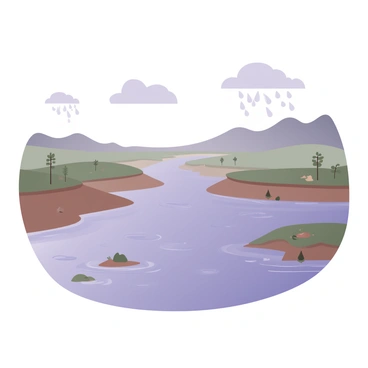 A digital flat illustration depicting a river with water levels rising dramatically. The river flows through the center of the image, with the water appearing turbulent and reflecting shades of blue and green. The banks of the river are submerged, showing mud and grass being overtaken by the water. In the foreground, there are patches of land with small trees and bushes that are partially submerged. Water ripples can be seen on the surface, indicating movement, while some debris floats along the current. The sky above is overcast, with gray clouds suggesting impending rain.