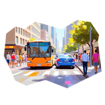 A city bus with a vibrant yellow exterior is positioned in the foreground, slightly angled, with its front bumper showing signs of impact. Nearby, a blue taxi is facing the opposite direction, its rear side damaged, with crumpled metal near the tail light. The busy avenue is filled with onlookers, a mix of pedestrians and drivers, pausing to observe the scene. Tall buildings line the street, with some storefronts visible in the background, while a few trees provide greenery along the sidewalk. The sky is clear, indicating a bright day.