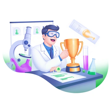 A scientist wearing a white lab coat and safety goggles is excitedly holding a shiny "golden trophy" with intricate details. The background features multiple "microscopes" and "beakers" filled with colorful liquids, creating an engaging laboratory scene. The surfaces are covered with various scientific tools and papers, emphasizing the busy and focused environment of a research lab.