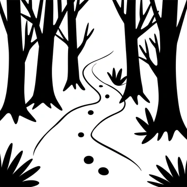 A winding path through a dense forest with tall trees on either side. Small pebbles are arranged neatly along the trail, guiding the way forward. Sunlight filters through the branches, casting intricate shadows on the ground. Ferns and underbrush frame the edges of the path, adding texture to the scene.