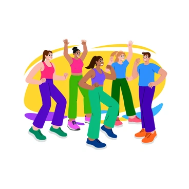 A group fitness class featuring five individuals performing "heel taps" in sync. Each participant is wearing brightly colored workout attire: one in a red tank top, another in a blue T-shirt, a third in green leggings, the fourth in purple shorts, and the last in orange sneakers. They are arranged in a semi-circle, facing the front, with their arms raised to the side for balance. The background shows a bright gym environment with exercise mats and motivational posters on the walls. The expression on their faces conveys concentration and energy as they move together rhythmically.