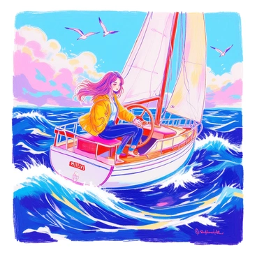 A female sailor with long flowing hair is confidently steering a sailboat. She is wearing a bright yellow rain jacket and navy blue pants. The sailboat's white sails are billowing in the wind, while choppy waves splash against the hull. The sky is filled with dramatic clouds, and a few seagulls can be seen flying overhead. The sailor's expression shows determination and focus as she navigates through the turbulent waters.
