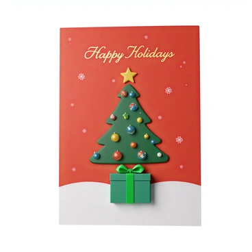 A festive holiday card design displayed on a 1/2 size illustration board. The card features a vibrant red background adorned with white snowflakes scattered across the surface. In the center, there is a large, illustrated Christmas tree decorated with colorful ornaments and twinkling lights. Below the tree, a neatly wrapped present with a bright green bow is positioned. The text "Happy Holidays" is prominently displayed at the top in elegant, gold lettering. The overall composition emphasizes the joyful spirit of the holiday season.