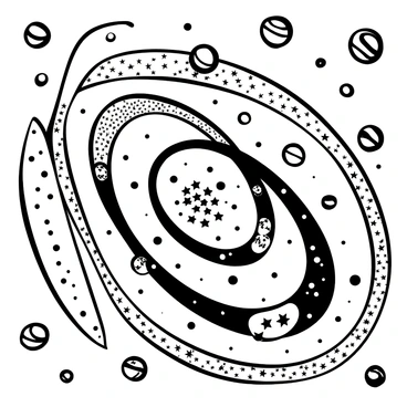 A detailed black-and-white illustration of a galaxy with spiraling arms extending outward. The arms twist gracefully around a dense center, creating a dynamic sense of movement. Numerous stars are depicted scattered throughout the arms, enhancing the illusion of depth. The background is filled with smaller celestial bodies, adding to the overall composition of the cosmic scene.