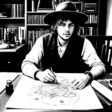 A cartoon adventurer is sitting at a wooden table, intently drawing a map of a fantasy land on a piece of parchment. The adventurer has messy brown hair, wearing a leather vest and a wide-brimmed hat. He is holding a quill in his right hand and has a focused expression on his face. Various drawing tools and ink bottles are scattered across the table, alongside a few scrolls. In the background, there are shelves filled with books and artifacts that hint at a world of adventure. The parchment displays intricate illustrations of mountains, rivers, and forests, showcasing the unique features of the fantasy land.