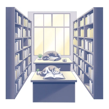 A cozy bookstore interior with wooden shelves filled with numerous books. The shelves are arranged along the walls, creating narrow aisles for browsing. In the center of the store, a wooden counter is positioned, topped with a few open books and a small potted plant. A cat is napping peacefully on the counter, curled up comfortably with its eyes closed. Warm light filters through the windows, illuminating the space and creating a welcoming atmosphere.