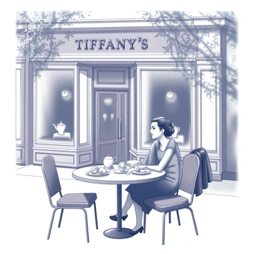 A vintage storefront with the name "Tiffany's" displayed prominently above the entrance. The architecture features ornate detailing and large display windows showcasing elegant jewelry. In the foreground, a small round table is set for breakfast, complete with a delicate china teapot and matching cups. Freshly baked pastries and a fruit bowl are artfully arranged on the table. A few chairs surround the table, with a soft, inviting atmosphere suggested by morning light filtering through nearby trees. A stylish woman in vintage attire is seated at the table, enjoying her breakfast while glancing toward the store.