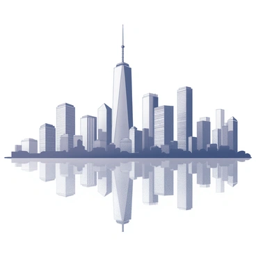 A city skyline featuring tall skyscrapers with various architectural designs. The buildings are mirrored in calm water, creating a symmetrical reflection. The skyline includes a prominent tower with antennas, several glass facades, and a mix of modern and traditional structures. The foreground shows the smooth surface of the water, undisturbed by ripples, enhancing the contrast between the urban elements and the natural setting surrounding them. The scene captures a moment where the city meets the serenity of the water, emphasizing the harmony between urban and natural environments.