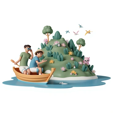 A small wooden boat, with two explorers seated, is navigating around a floating island. One explorer, wearing a green shirt and a wide-brimmed hat, is pointing excitedly at the lush vegetation, while the other, dressed in a blue shirt and cargo shorts, is holding binoculars, observing unique wildlife around the island. The floating island is covered in dense green plants, colorful flowers, and trees, while various birds can be seen flying above and vibrant animals peeking through the foliage. The water around the island is calm, reflecting the vivid colors of the landscape.